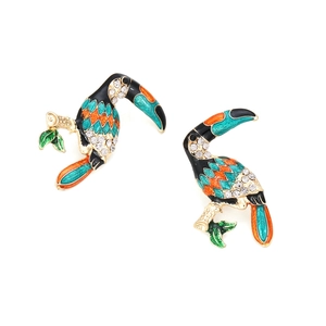 Vibrant enamel toucan drop earrings with colorful rhinestones on a clean white background