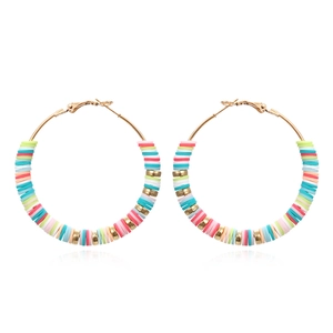 Bohemian large hoop earrings with colorful heishi clay beads and gold metal accents