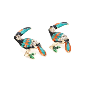 Exaggerated toucan parrot earrings with colorful enamel and sparkling rhinestones