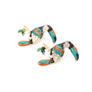 Exaggerated parrot dangle earrings with colorful enamel and sparkling rhinestones