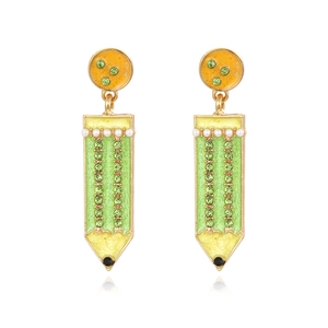 Boucles D'oreilles Pendantes En Forme De Crayon Alliage Plaqué Or Strass Colorés Émail Faux Künstliche Perle Bijoux De Nouveauté Pour Femmes