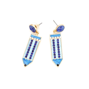 Détails de boucles d'oreilles crayon avec émail bleu, strass brillants et petites perles