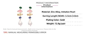 Detail view of colorful enamel and pearl drop earrings with 6.5cm length measurements