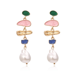 Irregular Geometric Dangle Earrings Zinc Alloy Enamel Multi Color Artificial Baroque Pearl Artistic Long Drop Earrings For Women