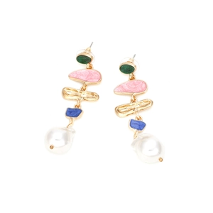 Colorful geometric enamel drop earrings with baroque pearl pendants on a white background