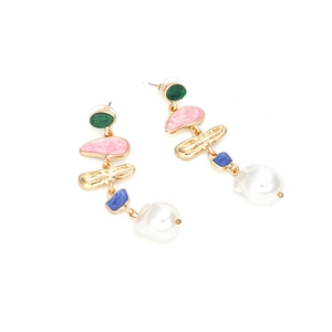 Artistic alloy drop earrings with colorful enamel geometric shapes and baroque pearls