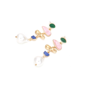 Colorful geometric enamel drop earrings with baroque pearl pendants in gold finish