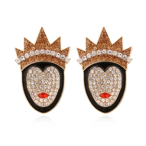 Boucles Oreilles Clous Visage Reine Dessin Animé Alliage Émail Couronne Strass Forme Cœur Bijoux Pour Femmes
