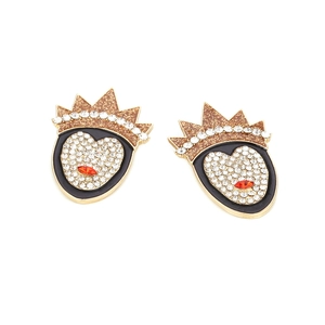 Boucles d'oreilles visage couronne créatives en métal doré, émail noir et strass blancs
