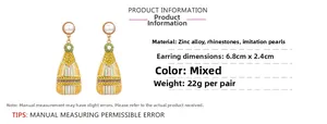 Detail view of long alloy bottle earrings with colorful rhinestones and white pearls