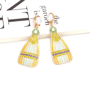 Detailed close-up of retro wine bottle earrings with colorful rhinestones and pearls