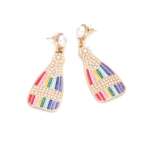 Rainbow enamel drop earrings with large pearl stud and colorful geometric stripes