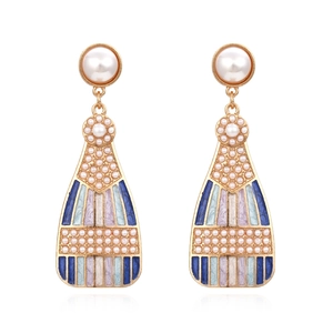 Vintage wine bottle earrings with colorful enamel stripes and pearl embellishments