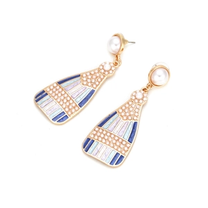 Retro wine bottle earrings with pearls and colorful enamel geometric trapezoid pendants