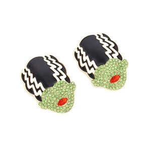 Halloween cartoon bride portrait stud earrings with green rhinestones and enamel finish