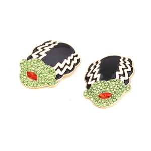 Gothic Bride of Frankenstein cartoon studs with green rhinestones and black enamel finish