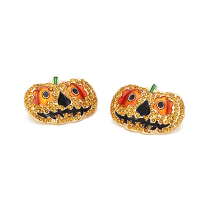 Funkelnde orangefarbene Strass-Kürbis-Ohrringe für Halloween mit goldener Basis