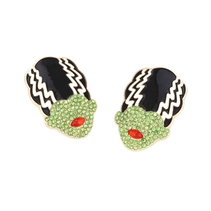 Exaggerated cartoon Frankenstein bride stud earrings with green rhinestones and enamel finish