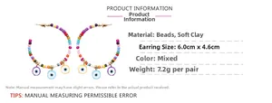 Detailed size and material specs for bohemian C-shape earrings with evil eye charms