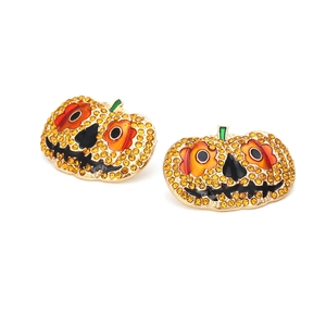 Funkelnde Halloween Kürbis Ohrstecker mit orangefarbenen Strasssteinen und grünem Stiel