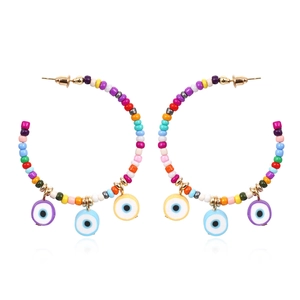 Bohemian Colorful Seed Bead Hoop Earrings Alloy Evil Eye Pendants Ethnic Style Jewelry For Women