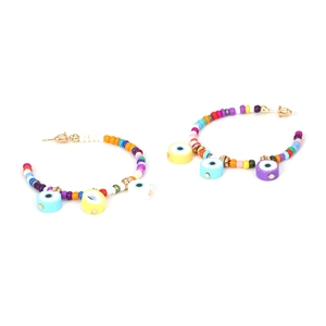 Bohemian C-shaped hoop earrings with colorful beads and hanging evil eye charms