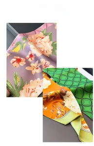 Detail shot of multi-color silk-like narrow scarves with floral and geometric patterns