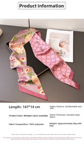 Detail of double-layer twilly scarf featuring floral patterns and 'as you wish' script