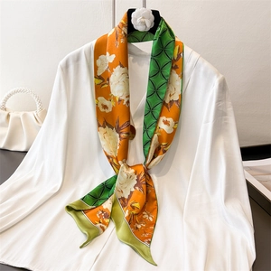 Floral Geometric Print Double Sided Narrow Polyester Satin Scarf Neckerchief Ribbon Hair Tie Fashion Accessory For Women