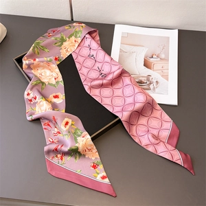 Elegant floral double-sided silk skinny scarf with purple peonies and geometric patterns