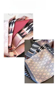 Detail of silk scarves with geometric patterns in pink and blue satin finish