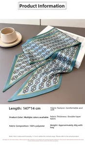 Detailed size chart showing 147x14cm blue vintage floral scarf made of 100% polyester