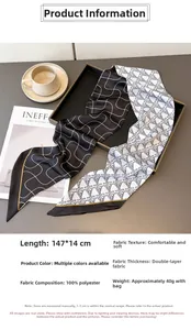 Detail of double-sided 147x14cm polyester skinny scarf with wavy and geometric patterns