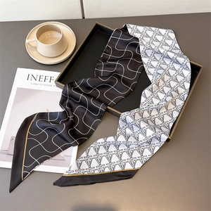Contrast letter print twilly silk scarf with black wave pattern and geometric motifs