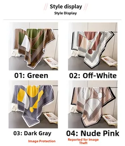 Collage of four geometric silk scarves in Green, Off-white, Dark Grey, and Nude Pink