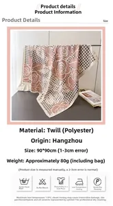 Detail view of 90x90cm pink houndstooth and floral silk-feel scarf with dimensions