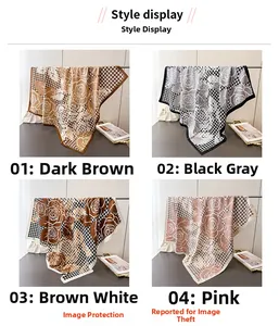 Detail of houndstooth silk scarves in dark brown, black, beige, and pink floral patterns
