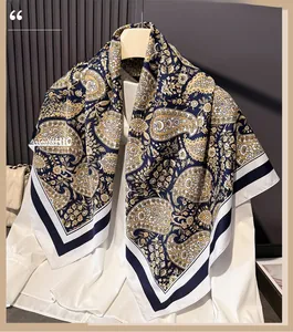Detailed view of dark blue paisley silk scarf draped over a white professional shirt