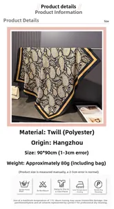 Detailed view of black and gold paisley silk-like square scarf with size and fabric specs