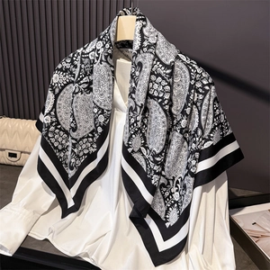 Large Square Scarf Paisley Print Satin Like Polyester Elegant Twill Shawl Wrap Headband For Women Vintage Fashion