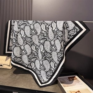 Classic paisley print faux silk square scarf with elegant black and white contrast border