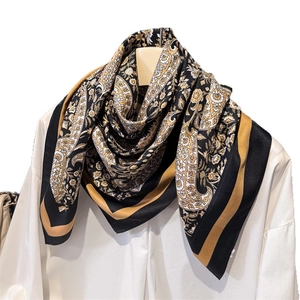 Vintage paisley print silk-feel large square scarf in black and gold for women