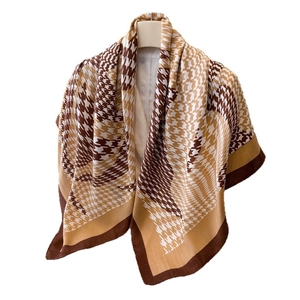Classic houndstooth printed silk-like large square scarf with elegant vintage pattern