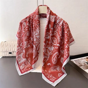 Red and white paisley silk-like square scarf with retro patterns for elegant women