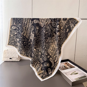 Retro paisley print faux silk square scarf in black and beige with a soft draped texture