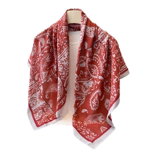 Red paisley print faux silk square scarf with vintage bohemian floral pattern design