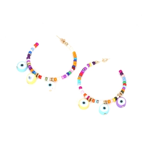 Bohemian geometric C-shaped hoop earrings with colorful beads and Evil Eye pendants
