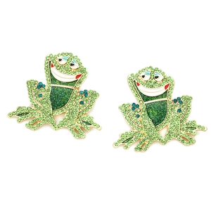 Fashionable green crystal frog earrings with colorful rhinestones and gold metal base