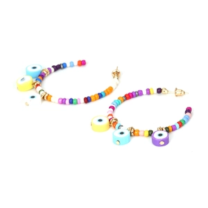 Bohemian colorful beaded C-shaped hoop earrings with evil eye charms and gold hardware