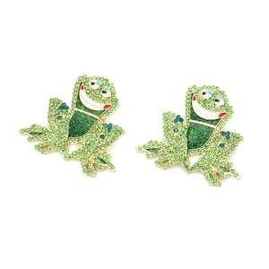 Detailed view of green crystal frog earrings with gold plating and colorful rhinestones